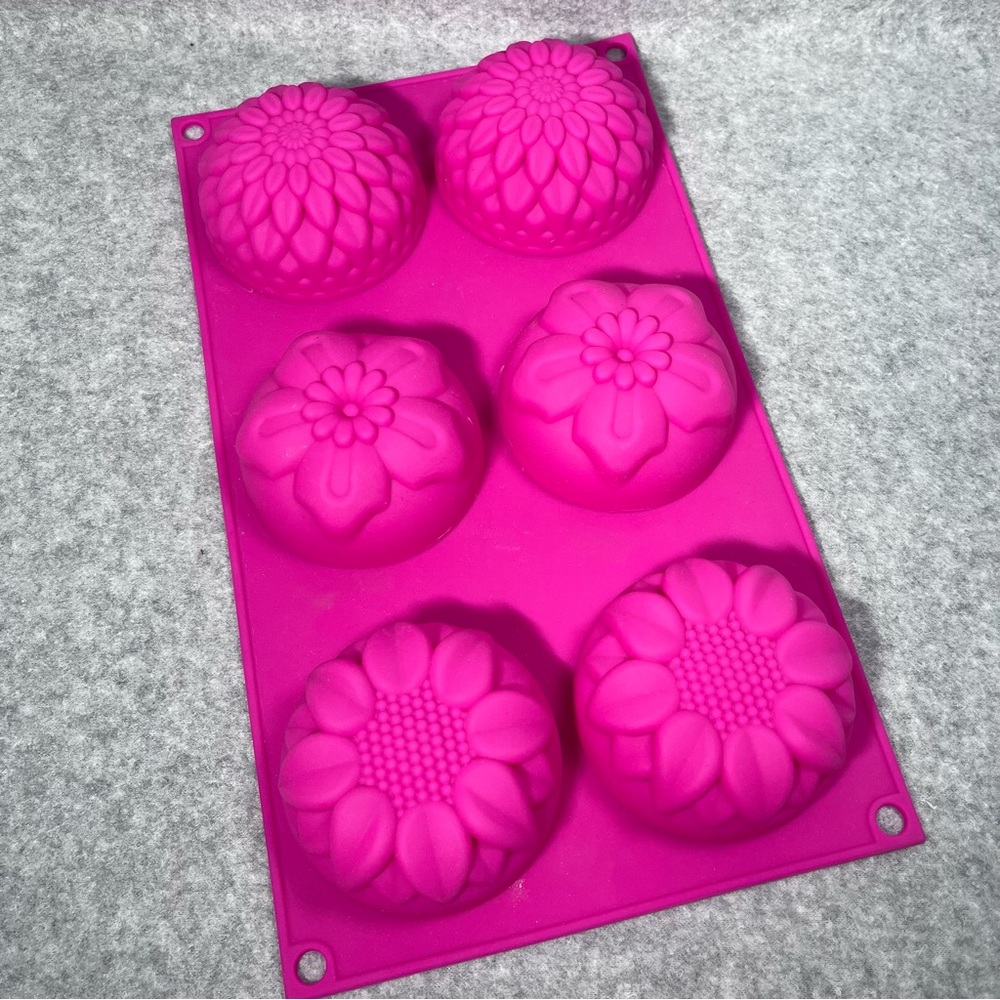 Flower Silicone 3D Baking Mold Soap Candy 6 Cavity Dahlia Pink‎